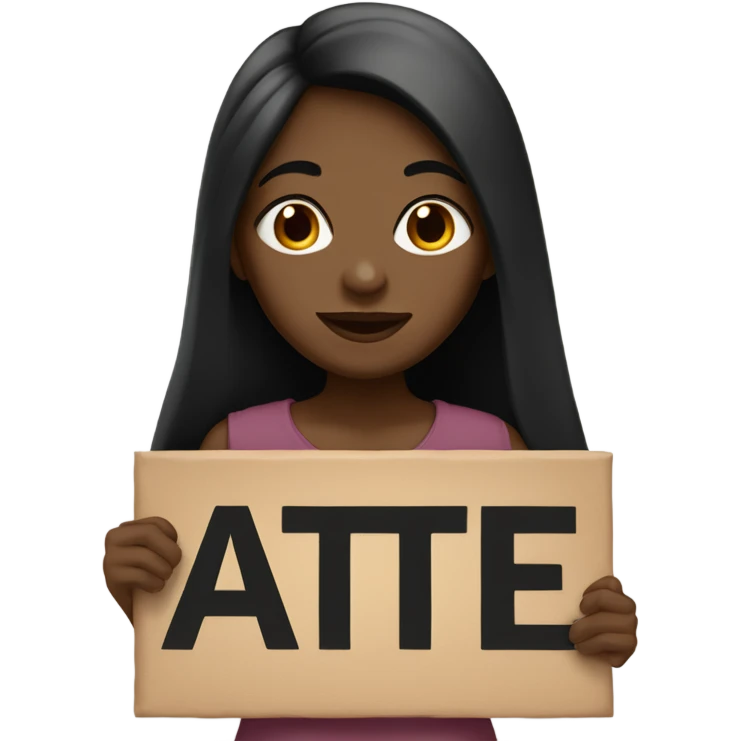 A brown skin girl with black long straight hair holding a sign that says "ate" emoji