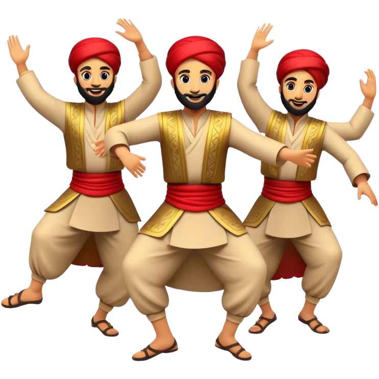 Cinematic Realistic Dabke Dance Emoji, depicted as an energetic traditional Lebanese folk dance with vibrant costumes and rhythmic movements, rendered with dynamic textures and festive natural lighting that captures its communal joy. emoji