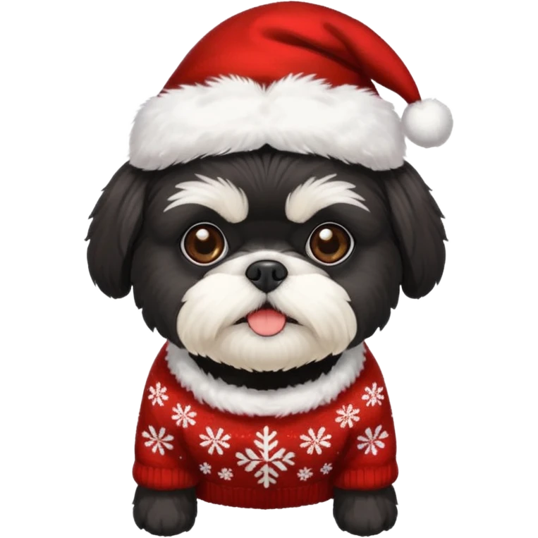 ALL BLACK SHIH TZU WITH CHRISTMAS SWEATER AND HAT emoji