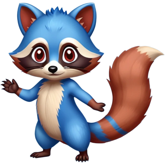 An anthropomorphic red raccoon with blue hair, eyes, and tail tip. The front and back paws are black with white claws with a dick.  emoji