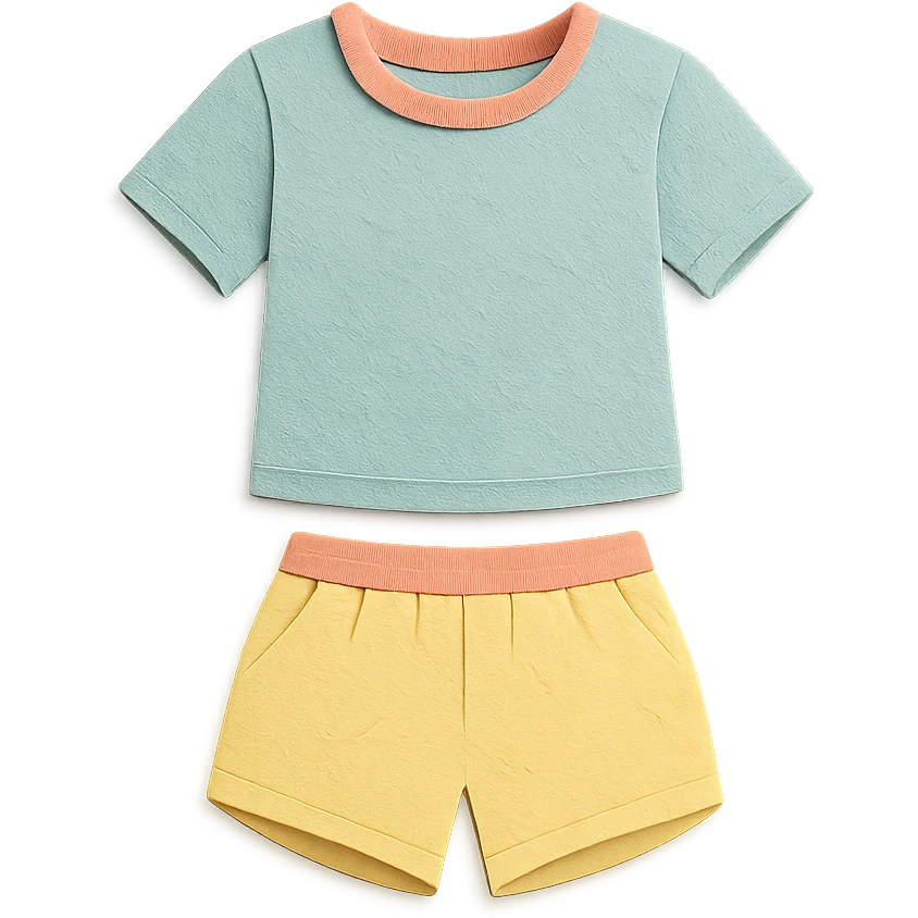 illustration of a women's short and tee shirt set in pastel colors in paper-craft style emoji