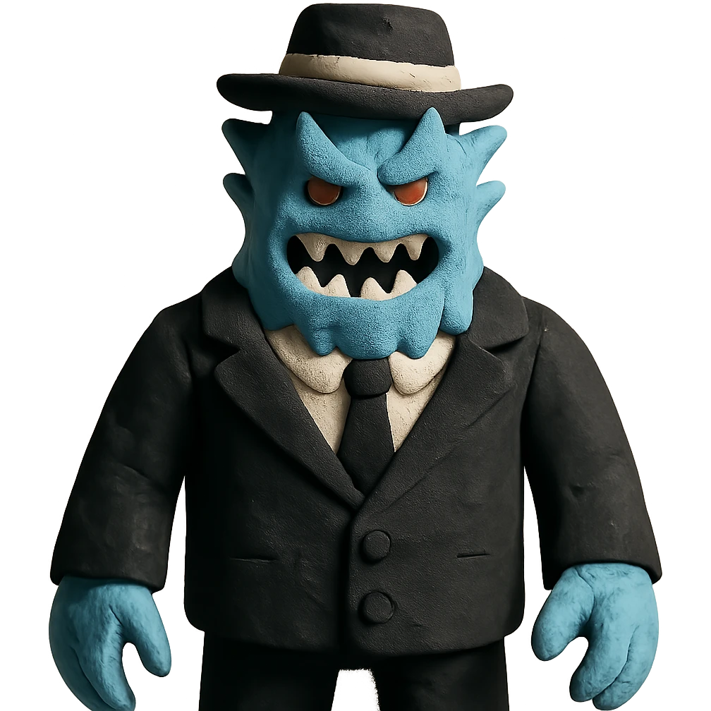 ice monster wearing a black and white suit and hat emoji