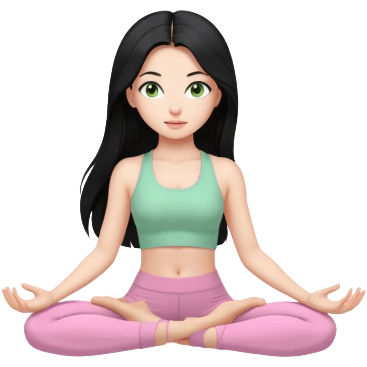 Girl with super long black hair with light green eyes doing yoga with light pink clothes emoji