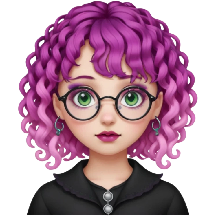 . Gothic girl with pink to violet ombré ringlet curly hair, bangs round glasses, septum piercing, nostril piercing, almond eyes, blueish green eyes,heavy eyeliner,  emoji