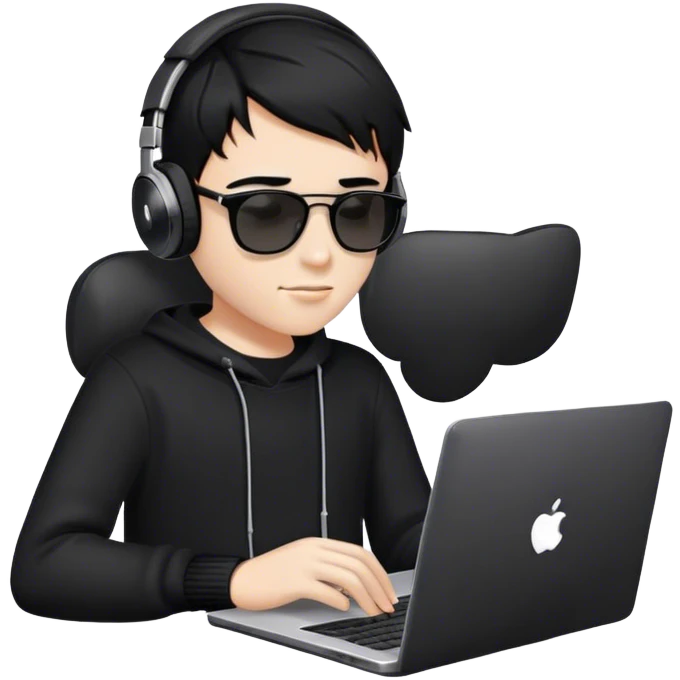 a smart and handsome teenage fair skinned boy using laptop having black hair with headphones and sunglasses and wearing a black sweater emoji