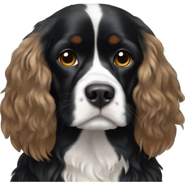 Small completely black king spaniel with black fur on his whole face and white stripe on chest emoji