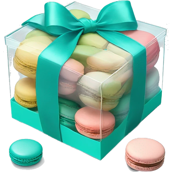 Realistic transparent plastic box with a tiffany blue ribbon and bow around the box and pastel macarons inside of it. emoji
