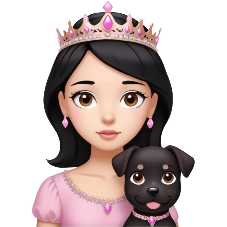 Uma menina de cabelo preto,olhos castanhos,teara rosa ,pluza rosa claro,com o cachorro preto olho caramelo e com um lado rosa  emoji