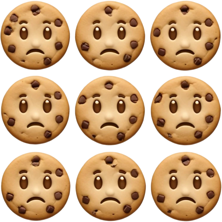 please create cookie emojis, similar to a cookie that looks like it's smiling for a happy cookie, or a cookie that looks like it's frowning for a sadcookie. please use other emotions other than happy or sad emoji