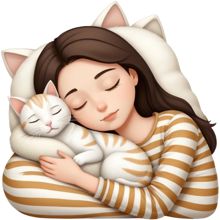 Brunette teenage girl sleeping with white cat with beige stripes emoji