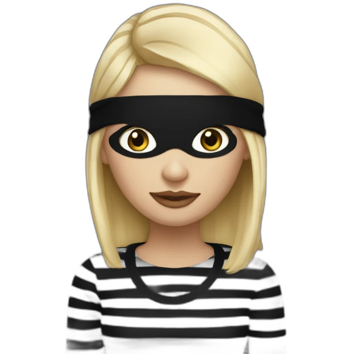 blonde woman in fully black beanie hat, black eye mask and striped shirt emoji