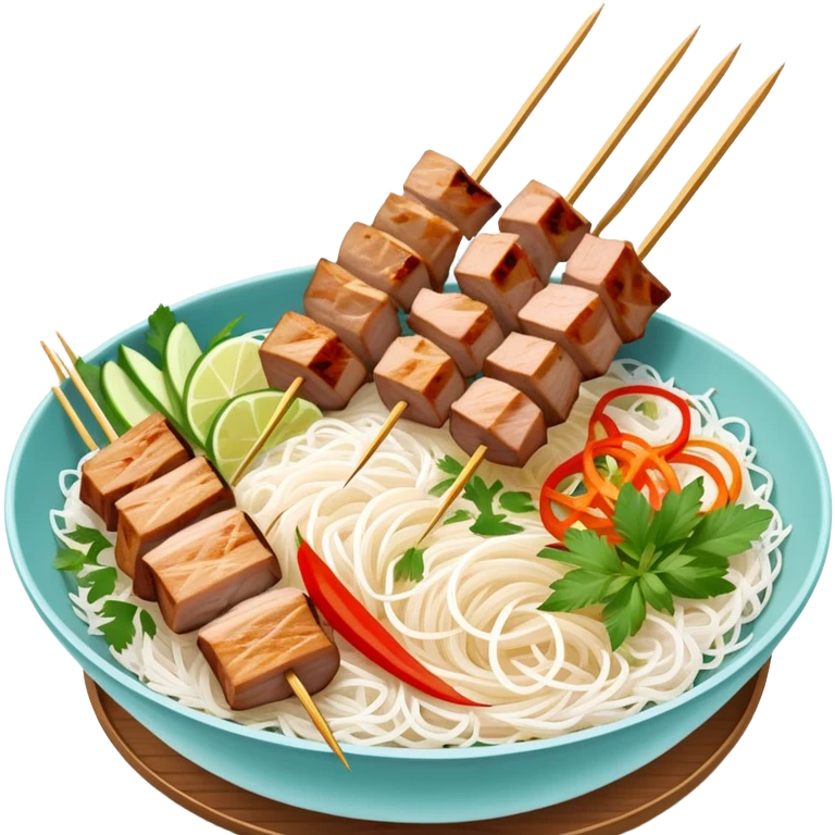 Vietnamese Bún Thịt Nướng with meat specifically grilled on skewers, alongside a bowl of rice vermicelli noodles, herbs and vegetables emoji