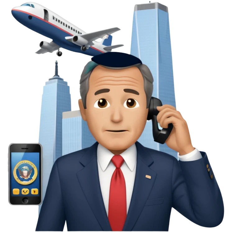 animated emoji of the world trade center with a plane crashed into it and george bush on a phone in front of it emoji
