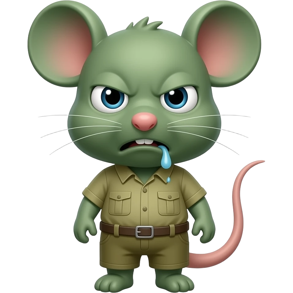 A little green mouse shaped like a little human dressed in khaki green, looking at us with a disgusted expression because he feels like throwing up. emoji
