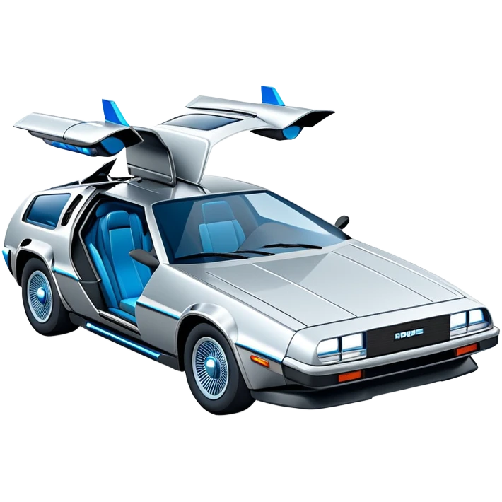Retro-futuristic hover car inspired by the DeLorean, gullwing doors, silver metallic body with blue-tinted windows, stylized jet boosters in the back, flat vector style, outlined shapes, minimal design emoji