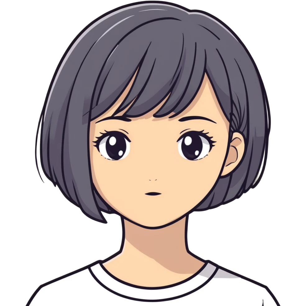girl with short black hair, bob, with a white strand and gray eyes emoji
