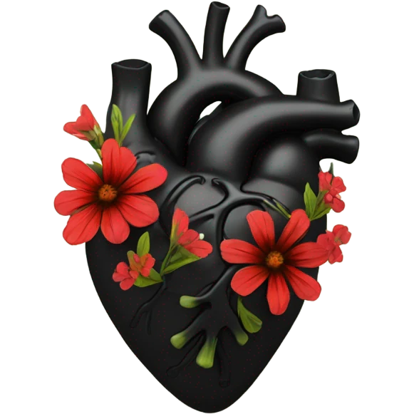 black anatomical heart with red wildflowers emoji