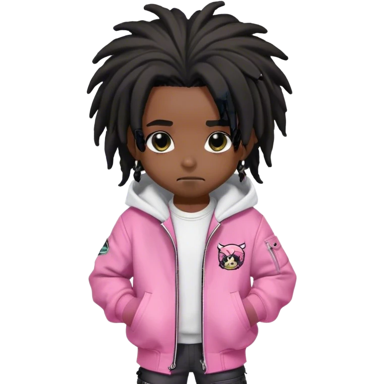 a black chibi character with medium length black dreadlocks, no beads or accessories in his hair. He wears a pink bomber jacket over a white hoodie. Its large, expressive eyes and detailed design give it a style that is both modern and endearing. The whole is designed with careful rendering and harmonious colors, highlighting its unique appearance. emoji