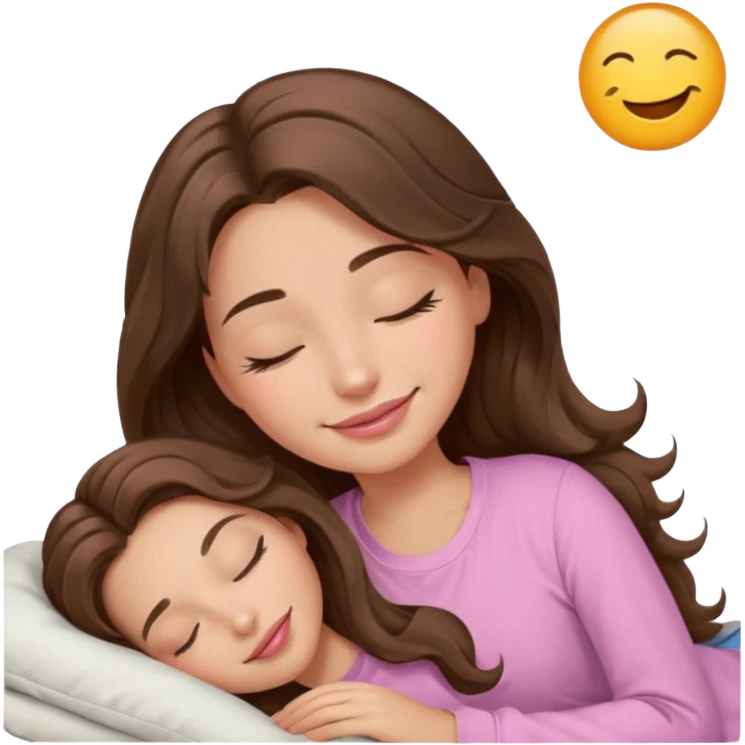 girl with wavy long brown hair, brown eyes, light to medium complexion, long lashes, light pink lipstick, smiling, wearing light pink shirt, sleeping emoji