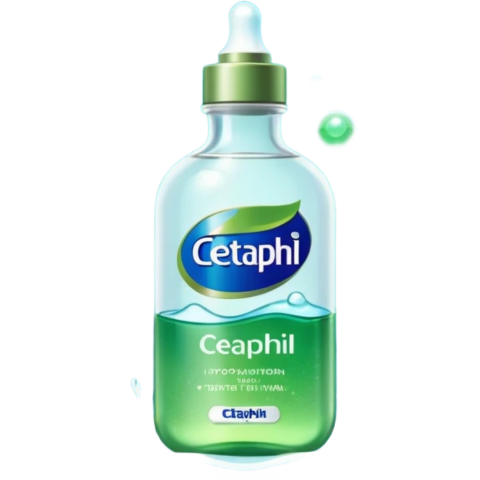 Cetaphil white bottle with light green flip cap and blue-green label, glowing softly. Surrounded by tiny light orbs and silky sparkles flowing like hydration waves. Feels like a gentle skin shield potion in a glossy, minimalist flask. emoji