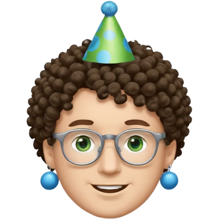 A white guy with curly brown hair and green eyes with a happy face, and wear square black glasses.He’s also got a full silver birthday party hat on his head with blue pom poms on top of it, and his T-shirt is all black, he wears a little gold circle earrings on his left  emoji