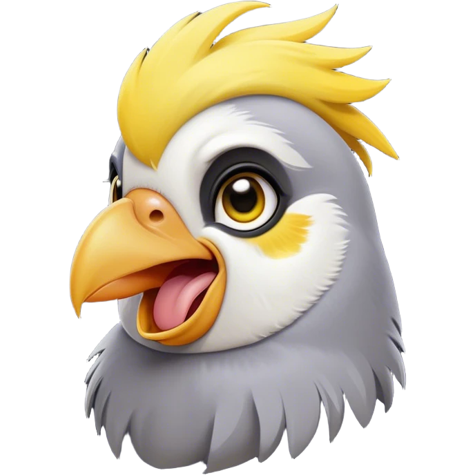 Cinematic Comical Cockatiel Portrait Emoji, Head tilted dramatically with an exaggeratedly amused expression, featuring a striking grey fur with bold yellow accents and a flamboyant crest, wide, expressive dark eyes filled with playful disbelief, Simplified yet hilariously expressive features, highly detailed, glowing with a slightly sassy glow, high shine, dramatic yet playful, stylized with an air of cheeky mischief, bright and endearing, soft glowing outline, capturing the essence of a spirited and over-the-top cockatiel, so meme-worthy it feels like it could side-eye its way into internet fame instantly! emoji