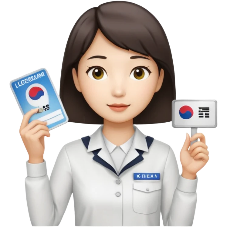 A Korean short-haired female tour guide is wearing a white shirt, holding her Korean tour guide license in her left hand, which is a horizontal card. emoji