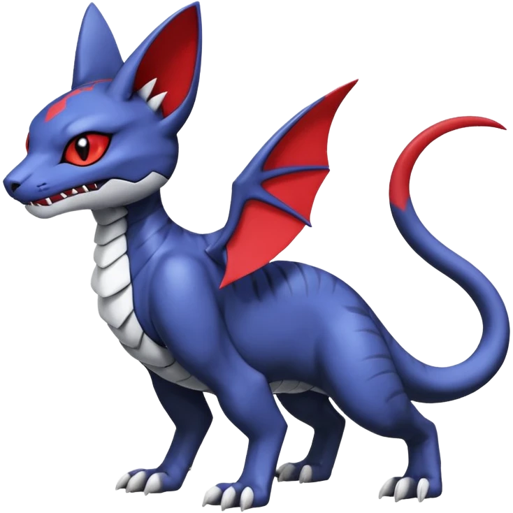 midnight blue-gray-black, with red markings, white belly, scaley Bastet-Noibat-Gatomon-Garchomp-Digimon-Fakémon-Pokémon-creature (full body) emoji