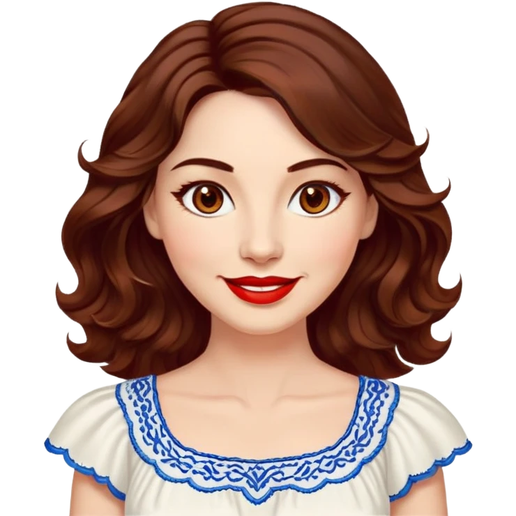 Artistic woman in her 40s with bright complexion, round face, big lively light brown eyes, wide friendly smile, vibrant red lips, voluminous wavy dark brown hair to shoulders, white summery dress with blue embroidery and electric blue neckline emoji