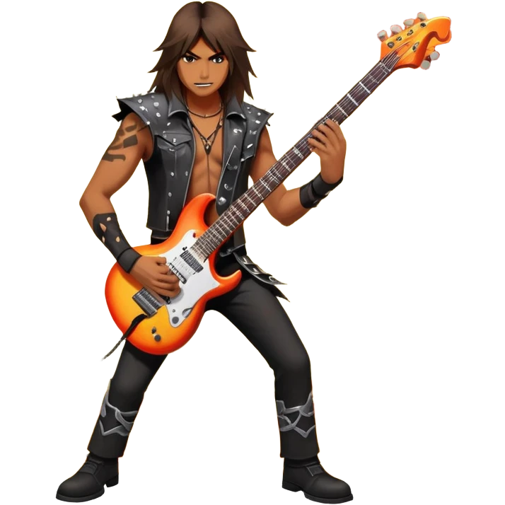 An icon showing a rock musician holding an electric guitar, surrounded by vibrant musical notes and fiery stage effects, inspired by Brutal Legend. The design includes a powerful stage presence with dynamic energy and electric riffs in the background. Transparent background highlights the music and action. emoji