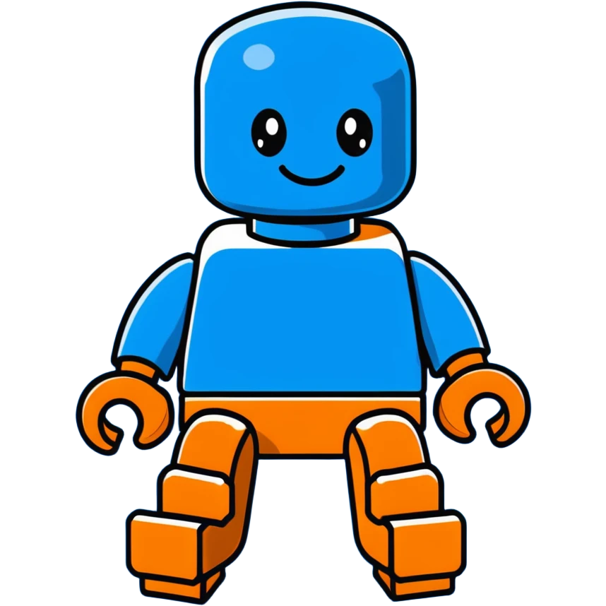 A cartoon blue Lego brick character with arms, legs and a friendly face emoji