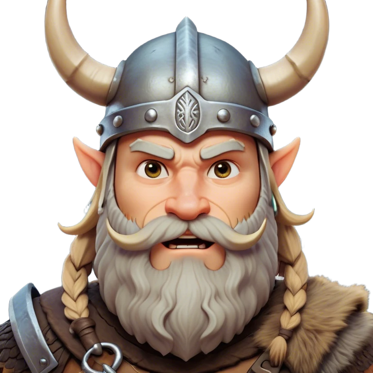 Clash of Clans aesthetic: Cinematic Comical Viking Portrait Emoji, Head tilted dramatically with an exaggerated, fun expression and wide, comically expressive eyes, featuring a rugged yet cartoonish build with a quirky Viking helmet with oversized horns and a playful beard, his face rendered in natural skin tone, Simplified yet hilariously expressive features, highly detailed, glowing with a slightly sassy, vibrant radiance, high shine, dramatic yet playful, stylized with an air of cheeky Nordic mischief, soft glowing outline, capturing the essence of a meme-worthy Viking bringing humor to epic adventures! emoji