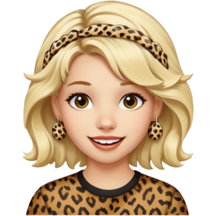 Une fille blonde et joyeuse. Elle porte une coiffure rock et originale avec 3 pinces pour cheveux  léopard et motif peau de vache. emoji