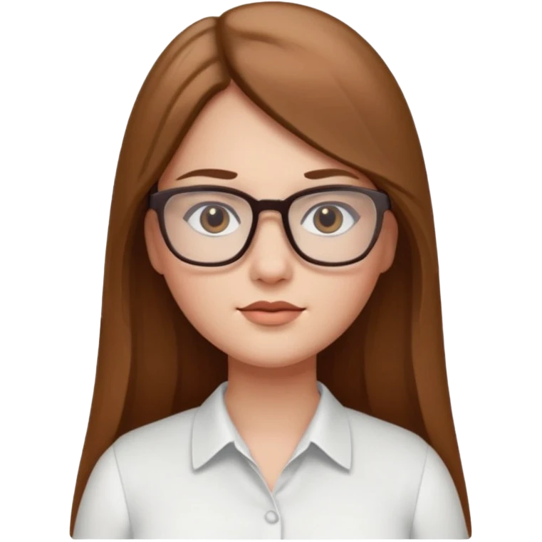 Chica blanca con cabello liso largo café claro, ojos cafe obcuro con lentes cuadrados, gordita, camisa e vestir blanca emoji