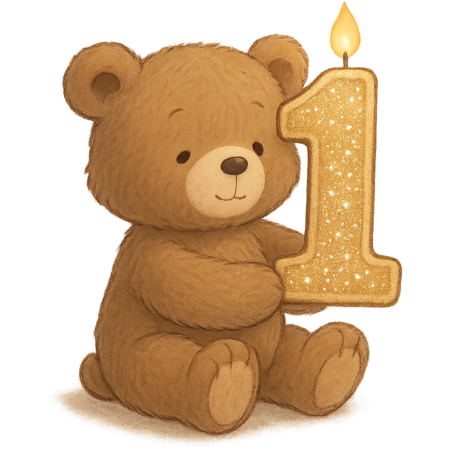 brown teddy holding sparkly number "1" candle, soft Ghibli style, transparent background emoji