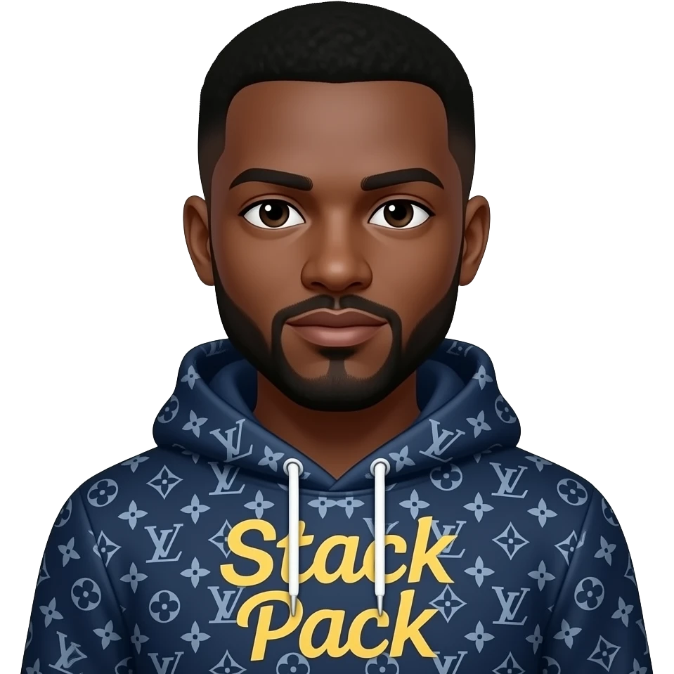 Black guy named Stackpack Louis Vuitton hoodie that says stack pack on it emoji