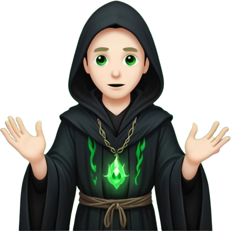 A dark sorcerer in flowing black robes, conjuring eerie green flames emoji