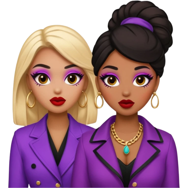 Boujy baddie best friends gossiping, trendy heavy makeup emoji