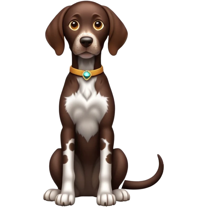 cinematic-[german pointer]-realistic-full-body-sitting-emoji,-tail-resting-loosely-beside-its-paws,-head-tilted-dramatically,-sleek-[brown spotted]-fur,-simplified-yet-realistic-focused-features,-highly-detailed,-glowing-with-an-almost-sarcastic-glow emoji