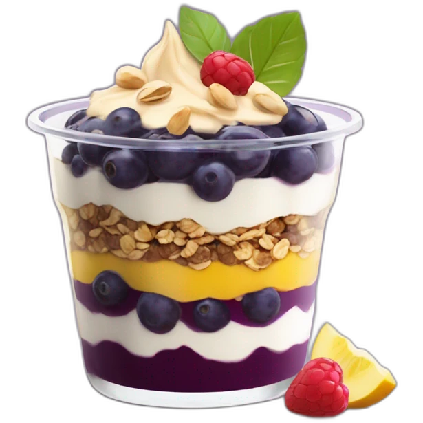 Açaí in a clear cup with layers of fruits and granola and condensed milk emoji