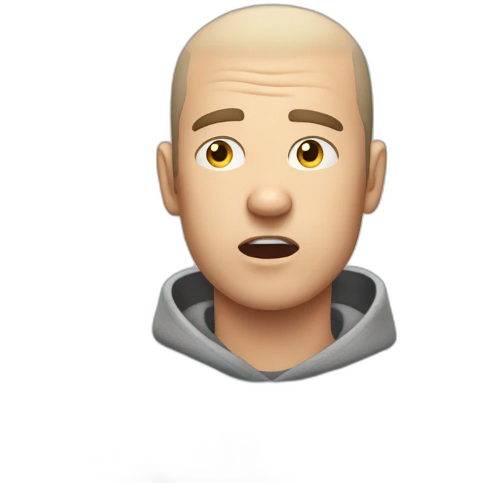 tired white man with buzz cut in gray sweatshirt and very terrified emoji
