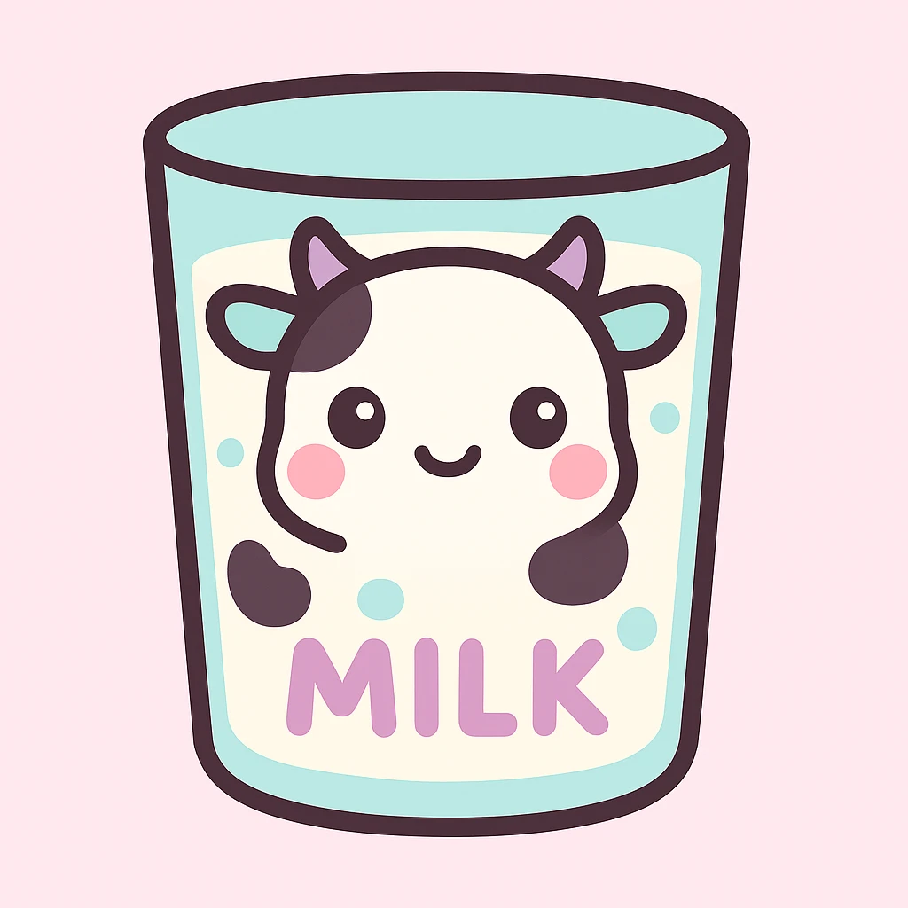 Create a glass of milk in kawaii style with bold outlines, featuring a cute cow face and cow spots on the glass. Include the word 'MILK' prominently on the glass, matching the style of the referenced mug. emoji