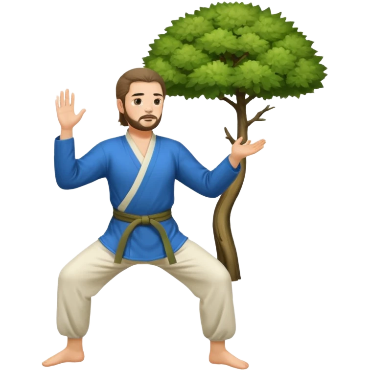pratiquant de qi gong, homme aux cheveux long, en position de l'arbre, en tenue noire ou blanche. L'image ne contiendra pas d'arbre emoji