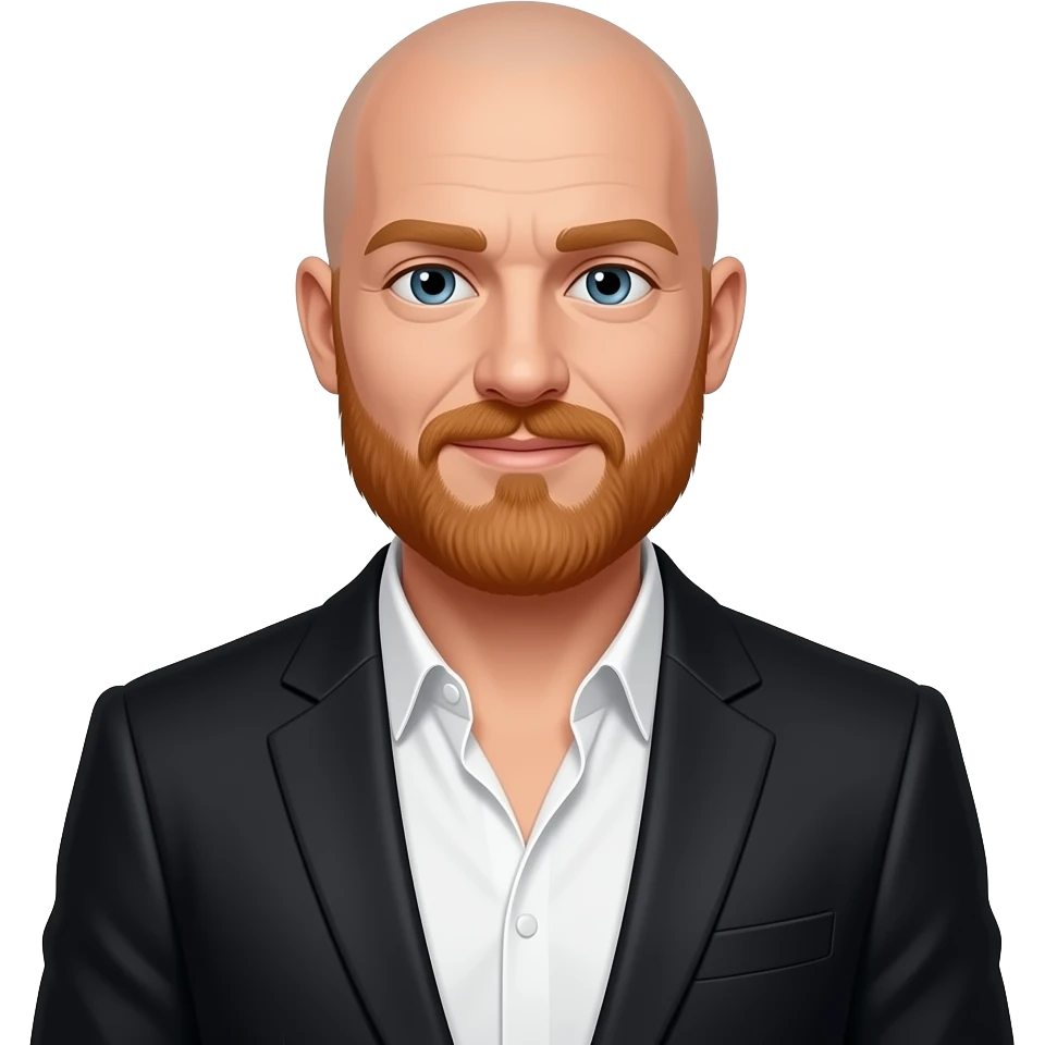 bald man with ginger beard in suit jacket an open shirt, no tie emoji