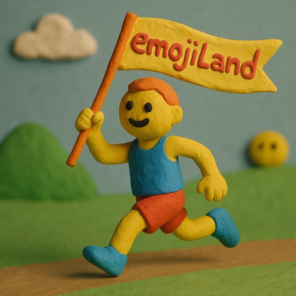 happy runner waving a flag that says 'emojiland' emoji
