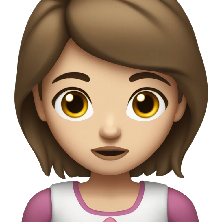 A girl with brown hair, white skin, rosy cheeks, and long eyelashes with an angry face emoji