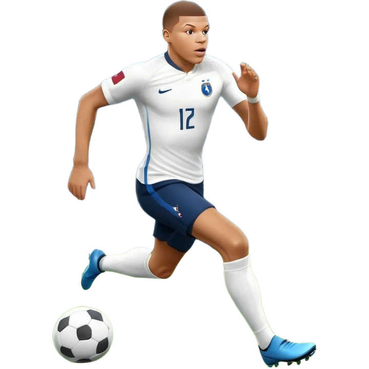 An icon showing Kylian Mbappé running with the ball on a football field during a match. The design captures his speed and focus, with dynamic motion lines and a vibrant background of the field and stadium lights. Transparent background emphasizes the action. emoji