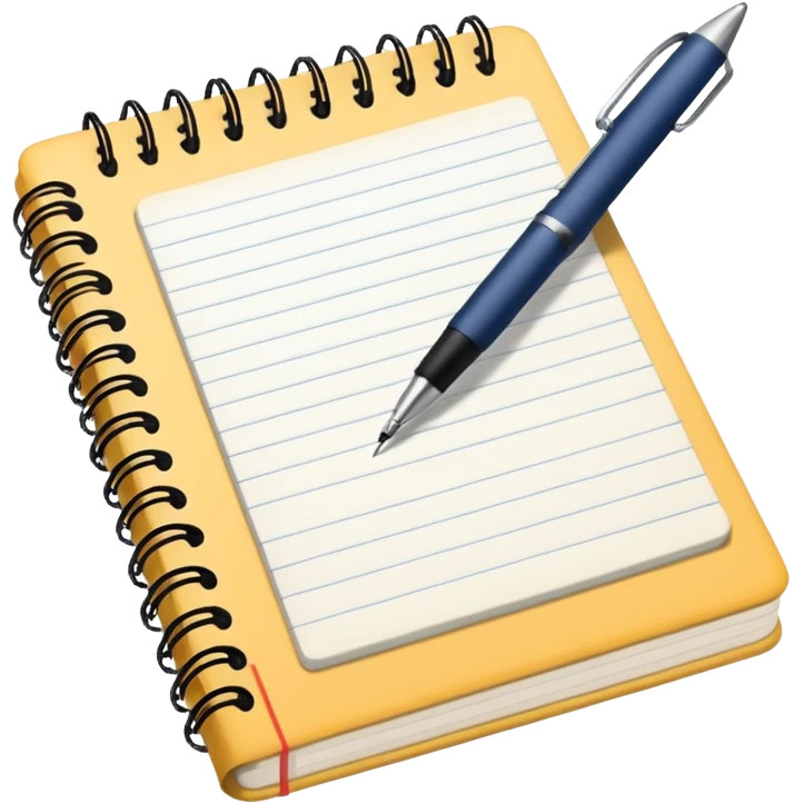 notebook with lined paper with cursive writing and a pen ontop emoji