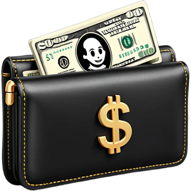 Rich emoji style black leather wallet with dollar bills, luxury money vibe, premium 3D emoji, ultra clean, high detail, no background
 emoji