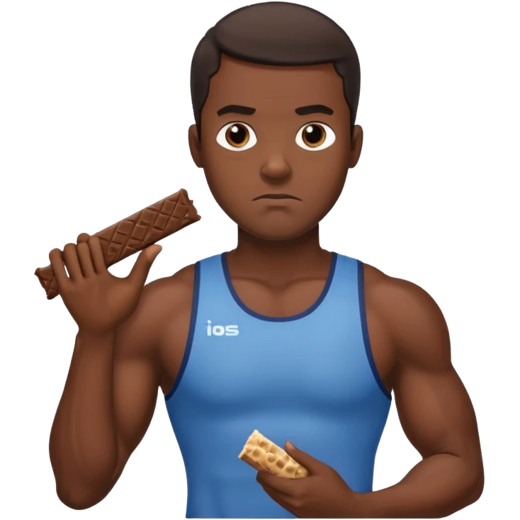 A male athlete holding a protein bar and frowning deeply emoji
